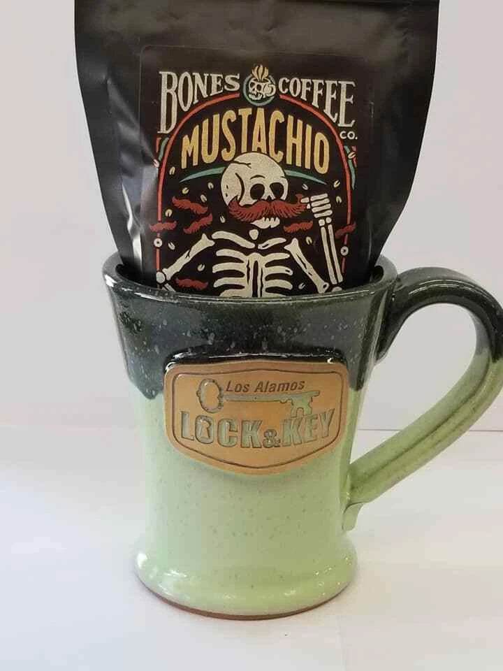 Los Alamos Lock and Key Stoneware Mug w/ Coffee Sample